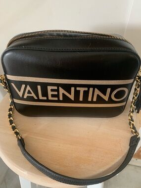 Valentino Black Leather Crossbody with Gold Logo Stripe
